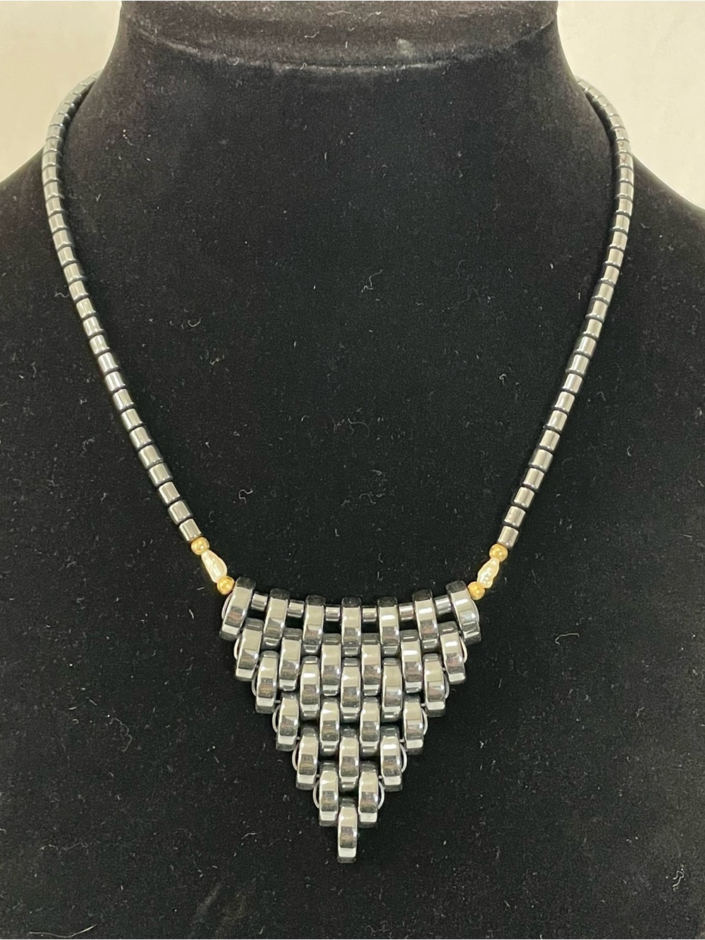 Vintage Polished Hematite & Freshwater
Pearl Triangle Bib Statement Necklace